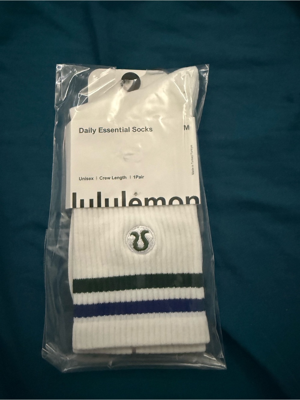 lululemon athletica White Crew Socks with Green and Blue Stripes